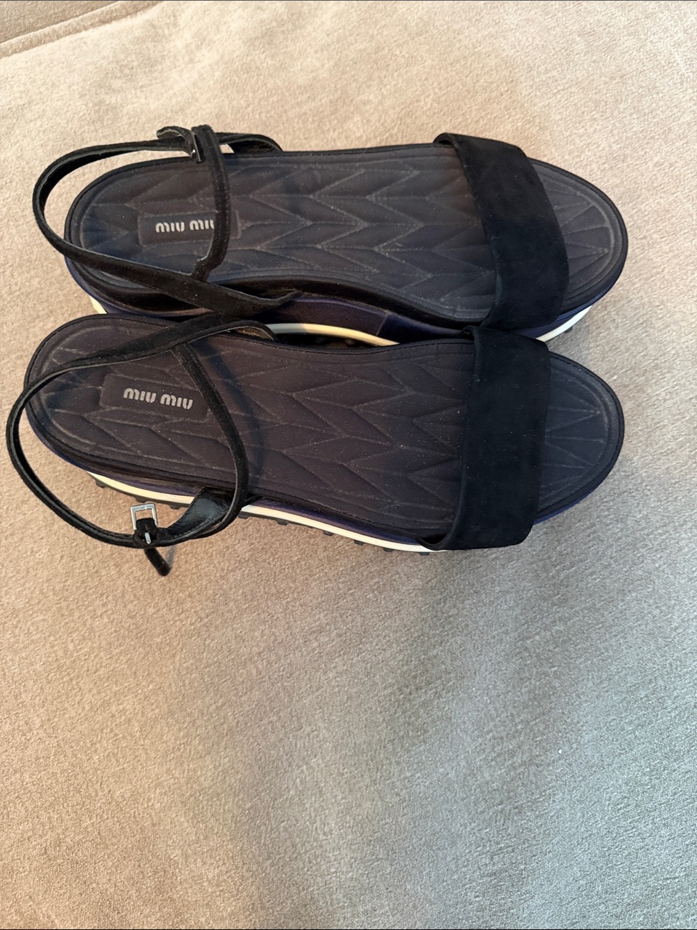 Miu Miu Black Suede Ankle-Strap Platform Sandals with Quilted Footbed